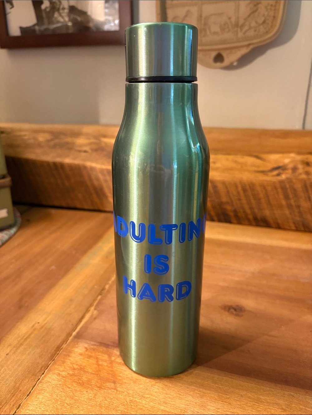 Room Essentials Green Stainless Water Bottle with Blue 'Adulting Is Hard' Text